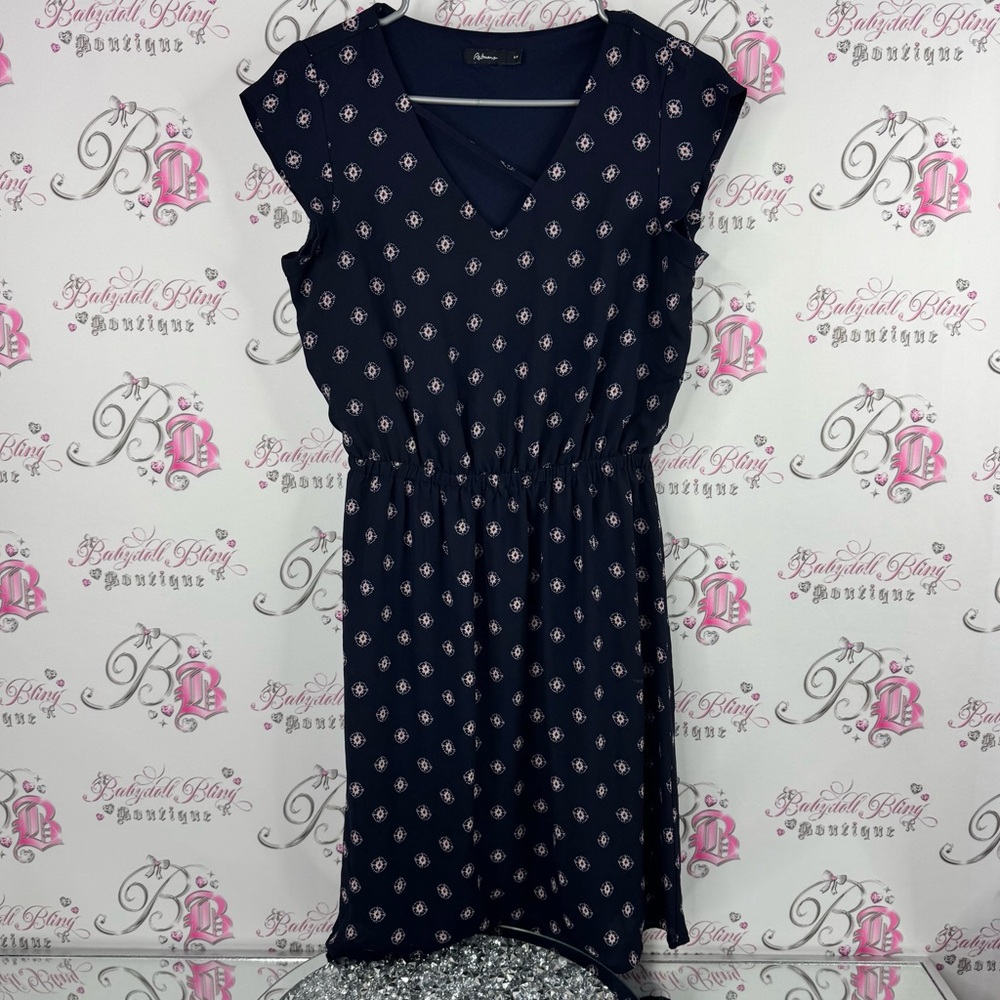 Reitmans Dark Blue Midi Dress with Light Pink Pattern strappy detail - Picture 1 of 11